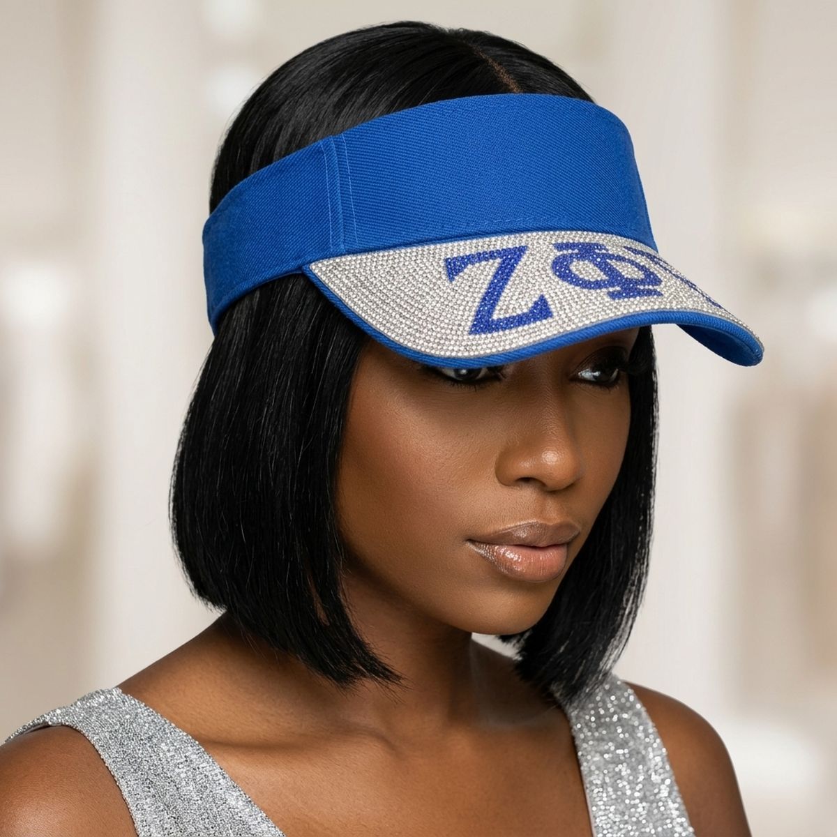 ZPB Blue Canvas Greek Rhinestone Brim Visor Hat