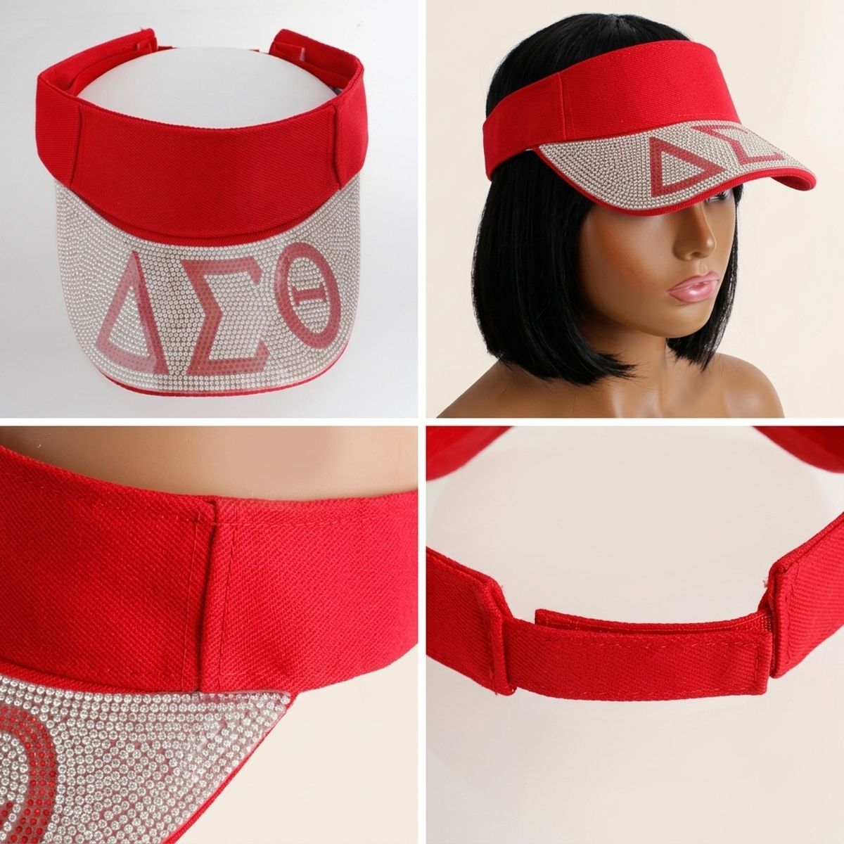 DST Red Canvas Greek Rhinestone Brim Visor Hat