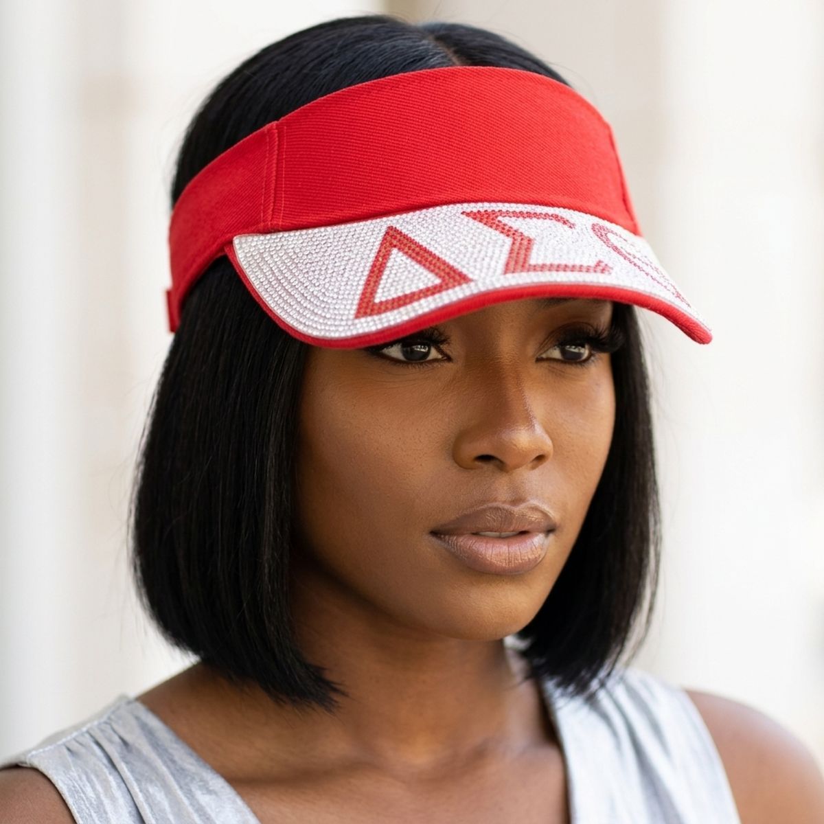DST Red Canvas Greek Rhinestone Brim Visor Hat