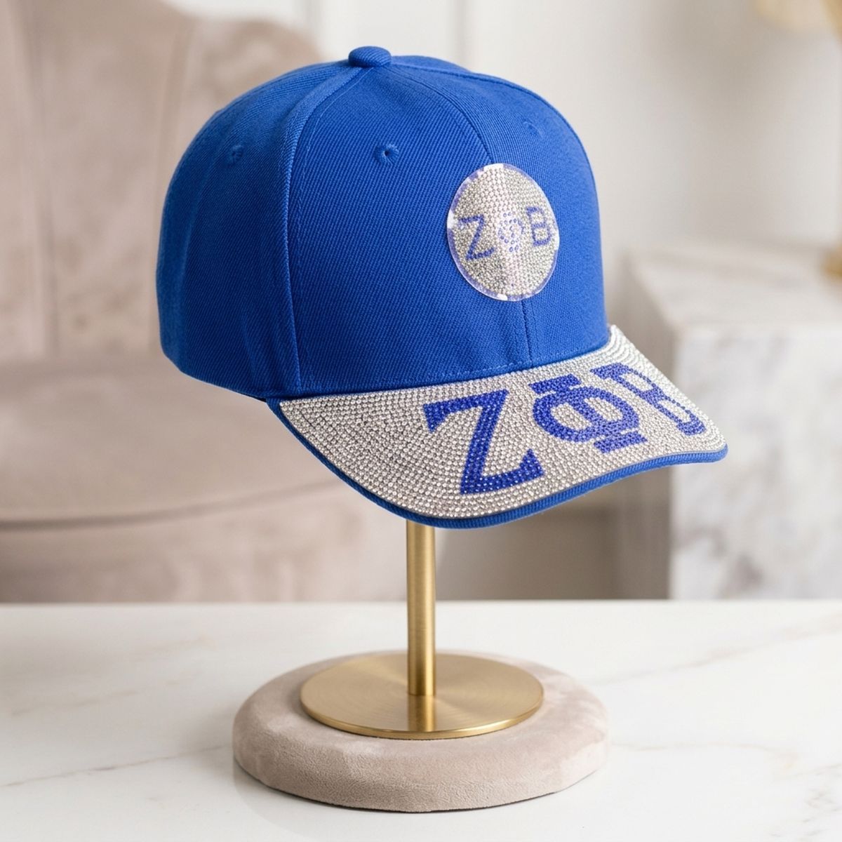 ZPB Blue Greek Rhinestone Brim Baseball Cap
