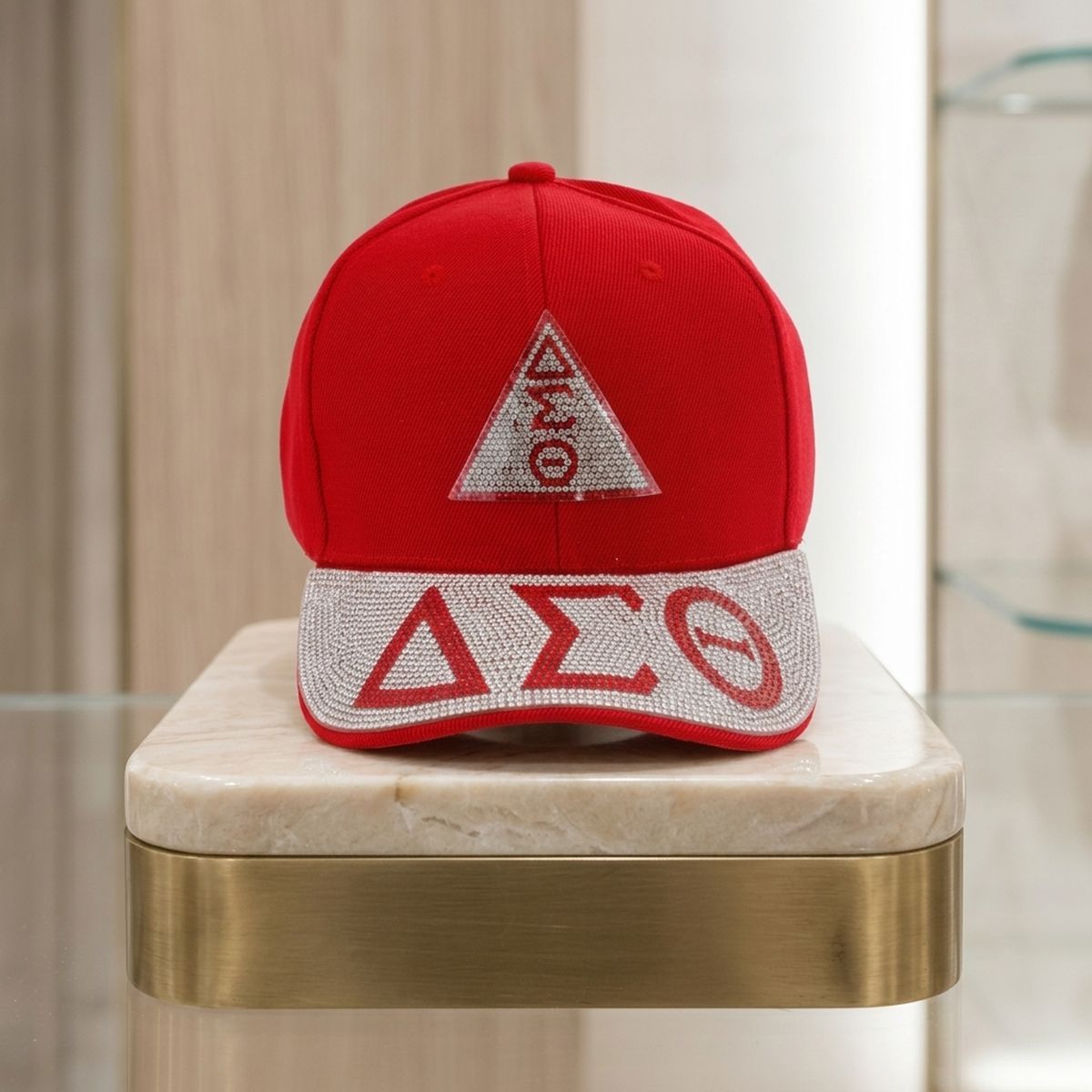 DST Red Delta Rhinestone Brim Baseball Cap