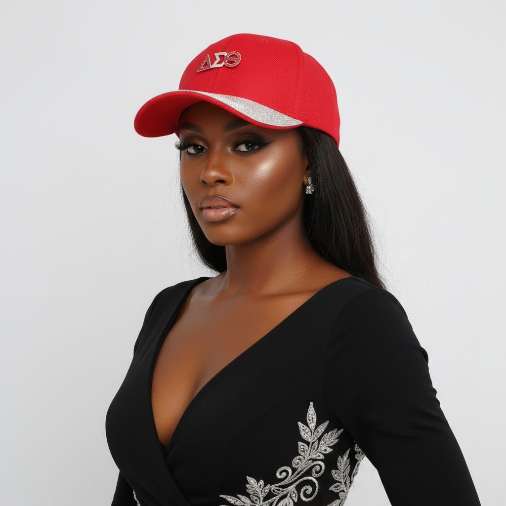 DST Red Canvas Baseball Cap with Rhinestone Brim
