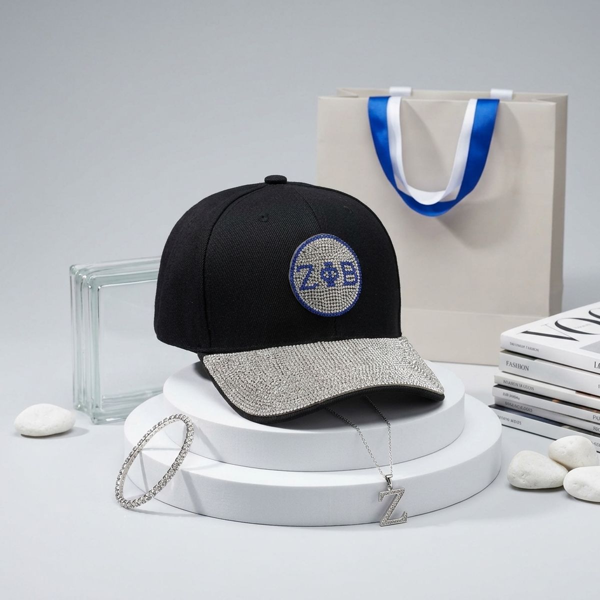 ZPB Black Canvas Greek Rhinestone Baseball Cap
