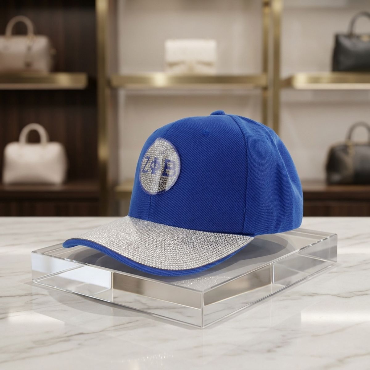 ZPB Blue Canvas Greek Rhinestone Baseball Cap
