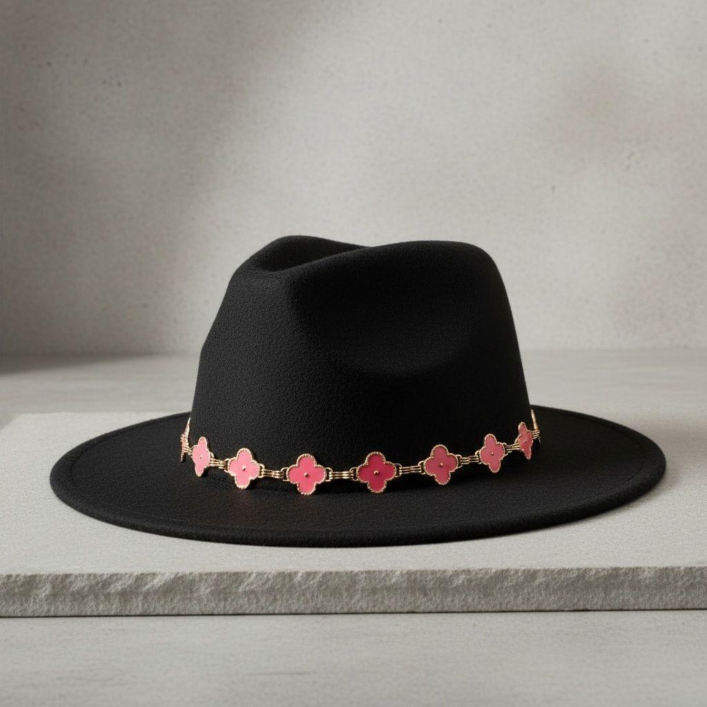 Black Fedora Hat with Pink Gold Quatrefoil Band