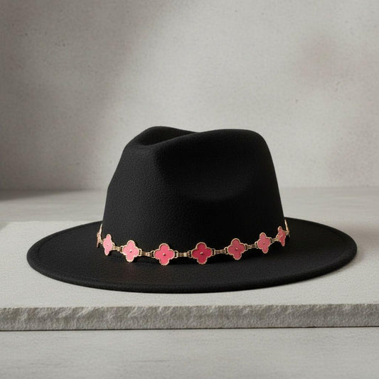 Black Fedora Hat with Pink Gold Quatrefoil Band