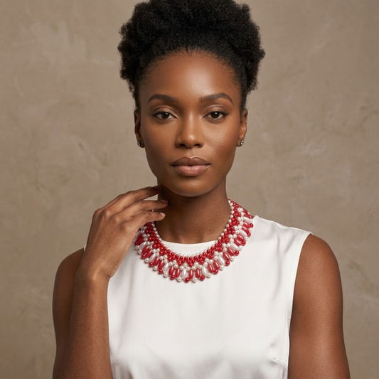 DST Red and White Oval Pearl Collar Necklace