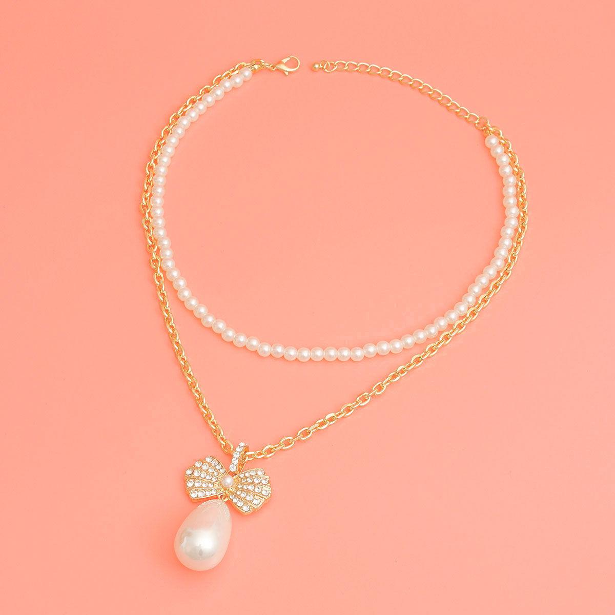 Double Layer Pearl Bow Gold Necklace