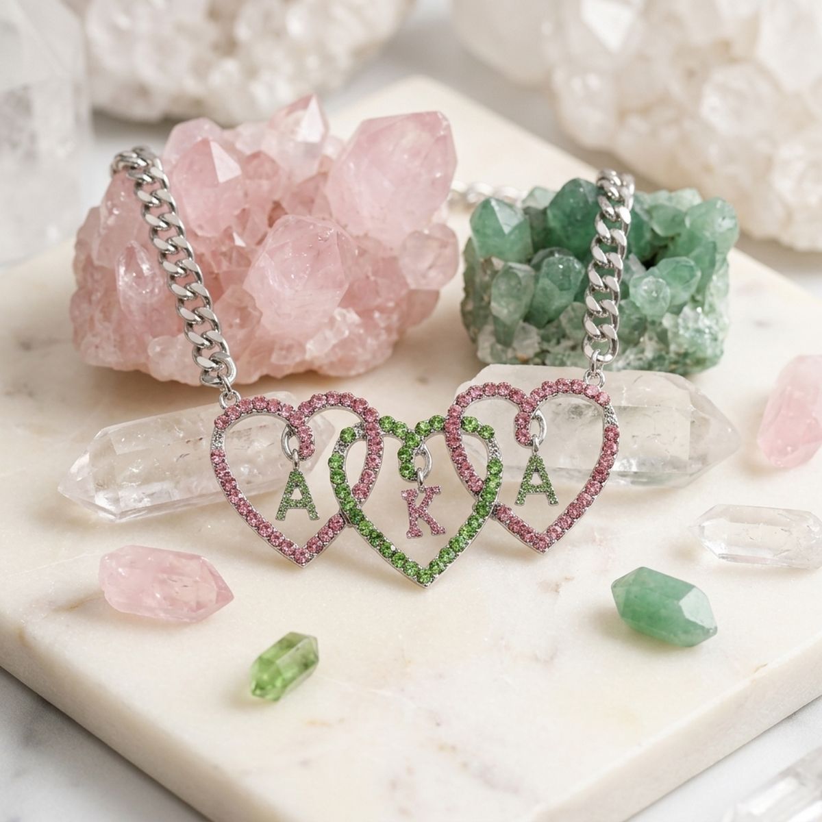 AKA Pink and Green Triple Heart Pendant Necklace