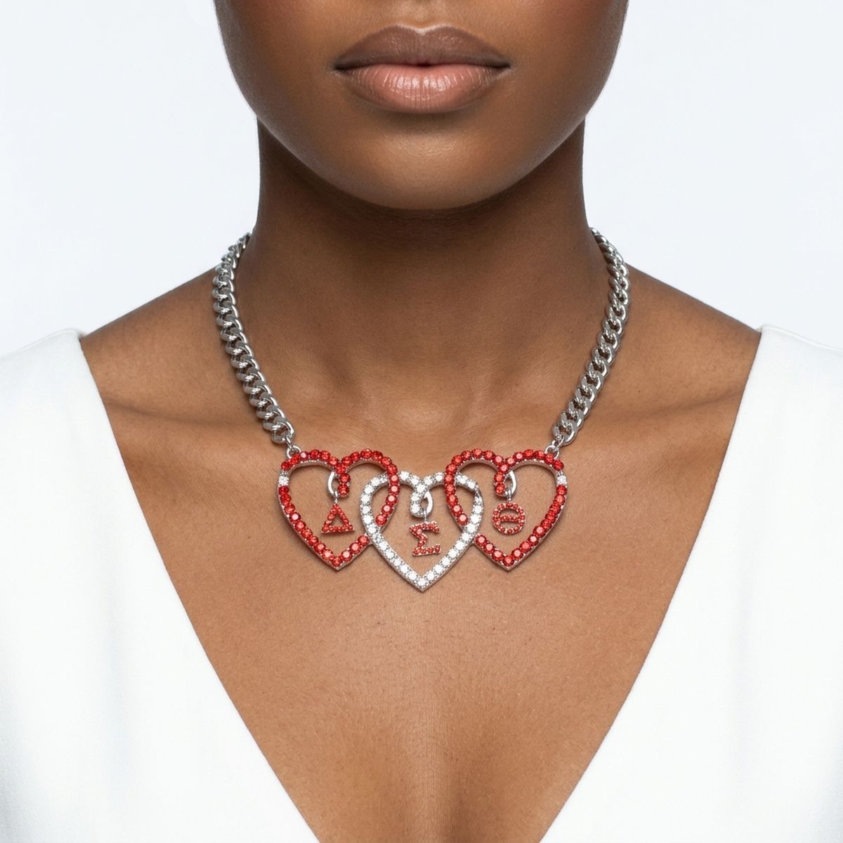 DST Red and Clear Triple Heart Pendant Necklace
