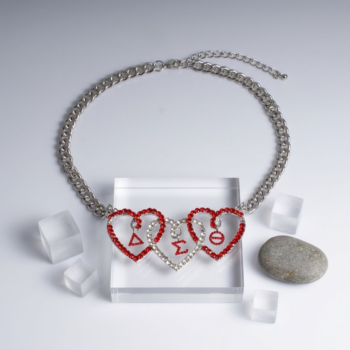 DST Red and Clear Triple Heart Pendant Necklace