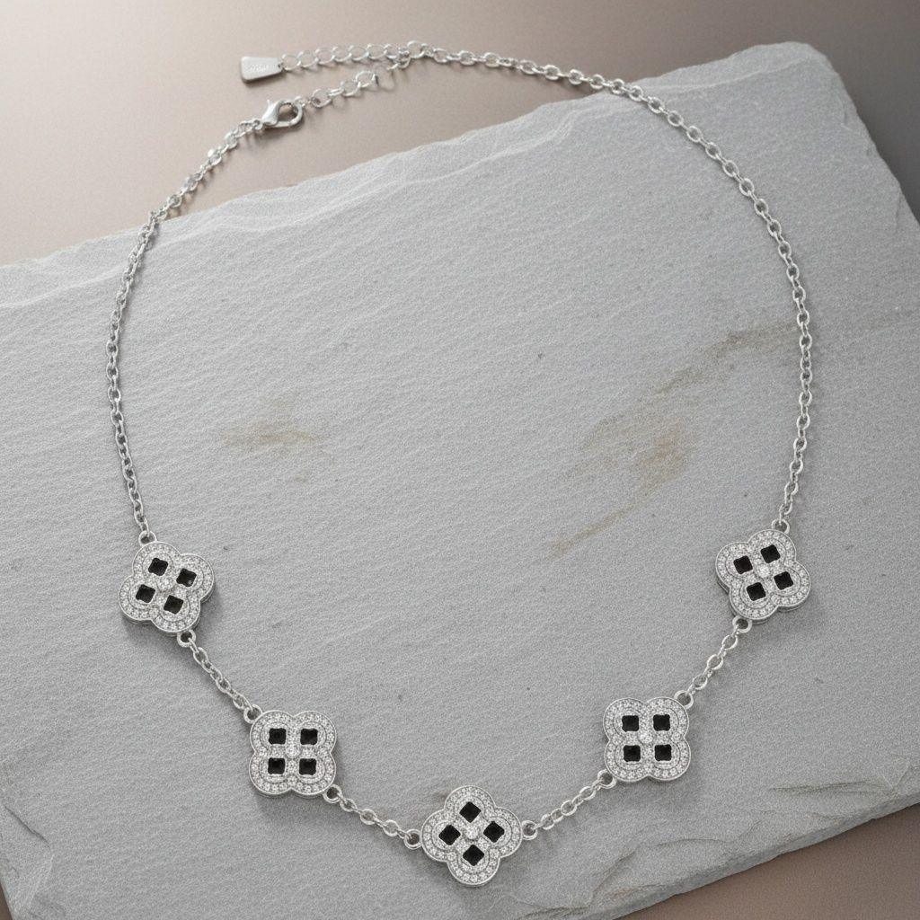 Black Encrusted Quatrefoil Motif Silver Necklace