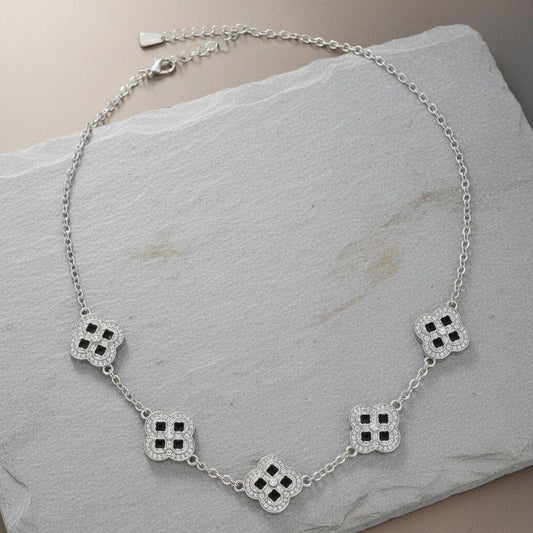 Black Encrusted Quatrefoil Motif Silver Necklace