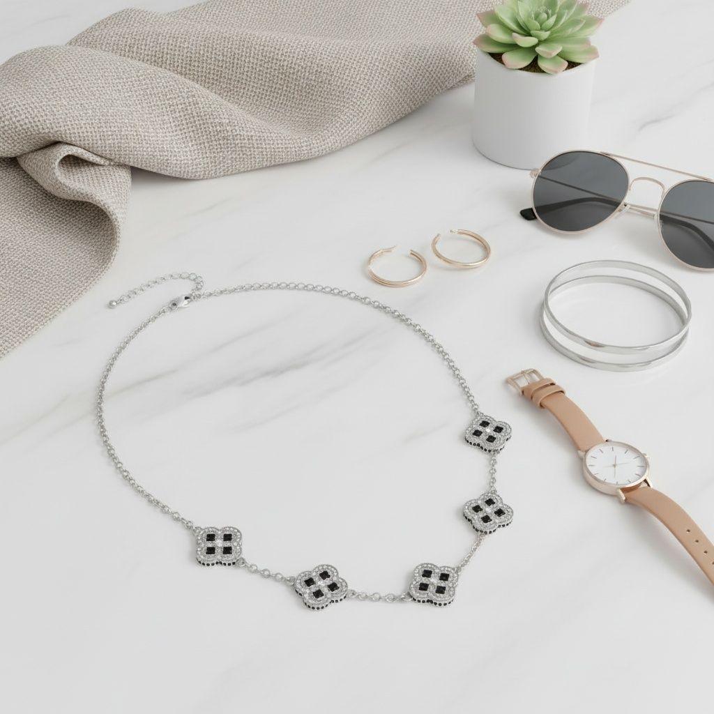 Black Encrusted Quatrefoil Motif Silver Necklace