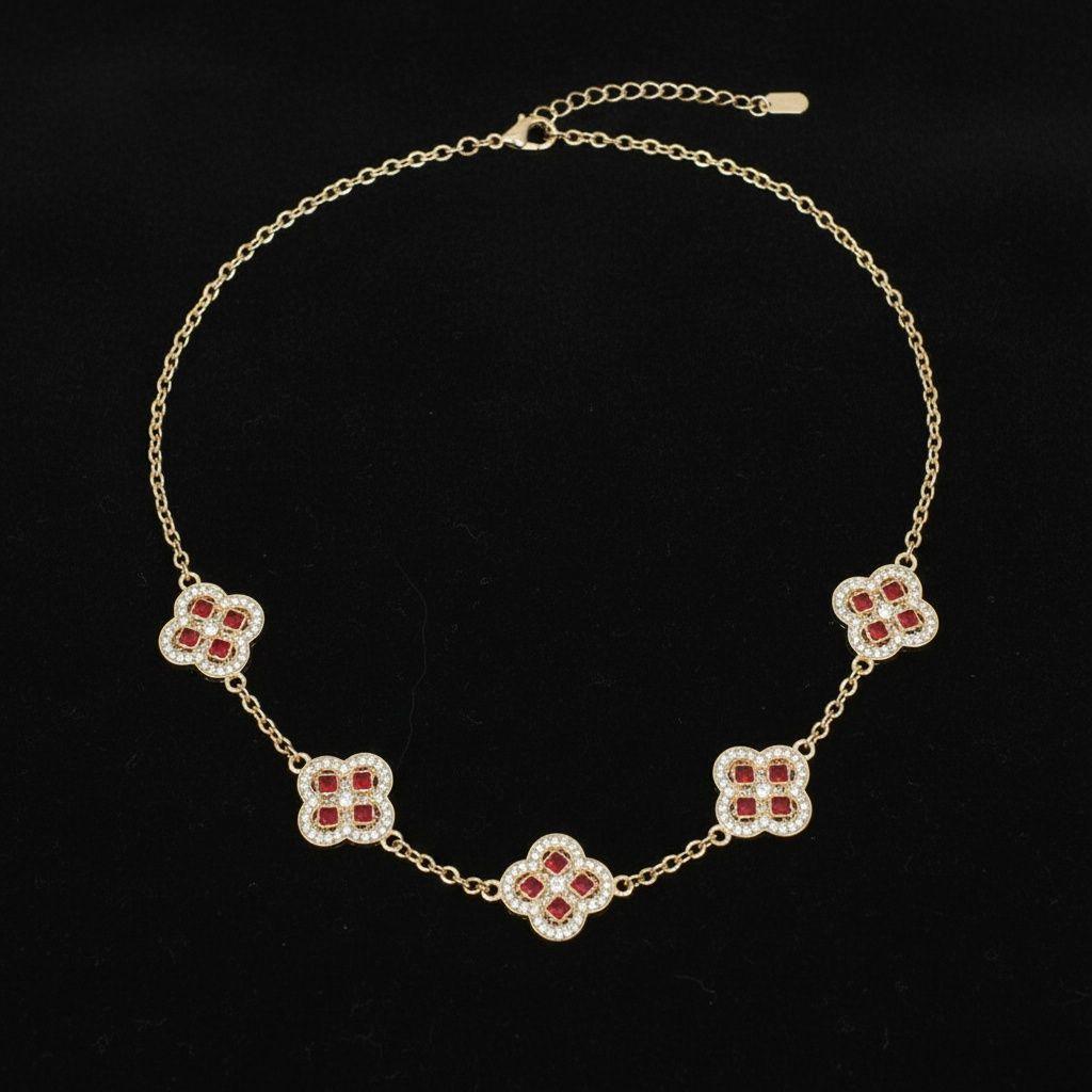 Red Encrusted Quatrefoil 5 Motif Chain Necklace