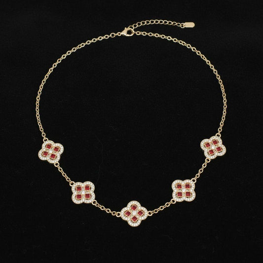 Red Encrusted Quatrefoil 5 Motif Chain Necklace