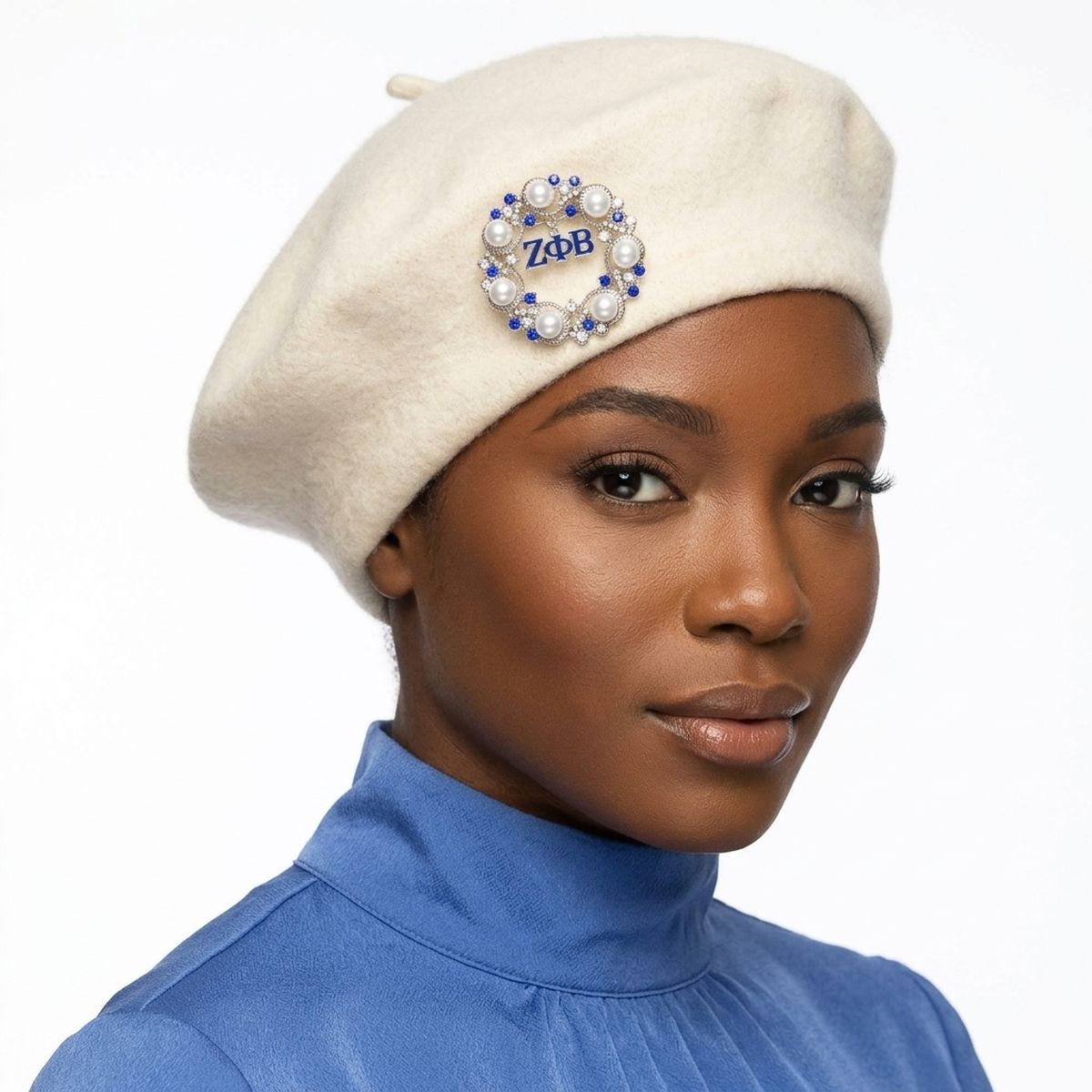 ZPB White Pearl Blue Rhinestone Wreath Brooch Pin