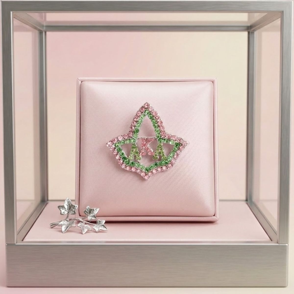 AKA Ivy Leaf Greek Rhinestone Brooch Lapel Pin