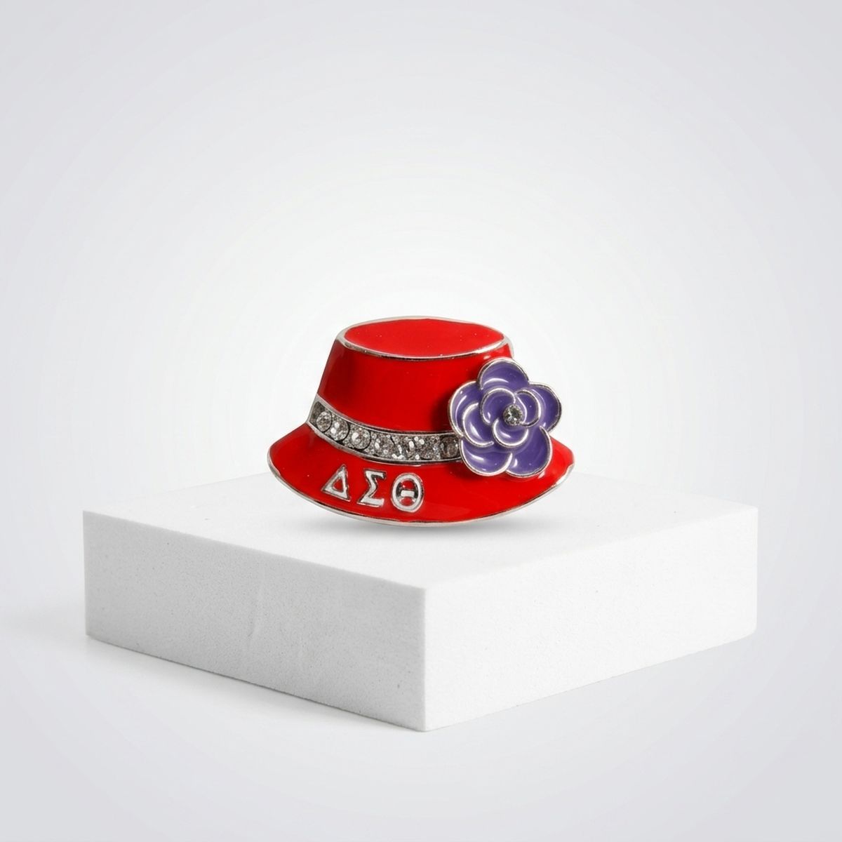 DST Greek Red Hat Brooch with Purple Flower