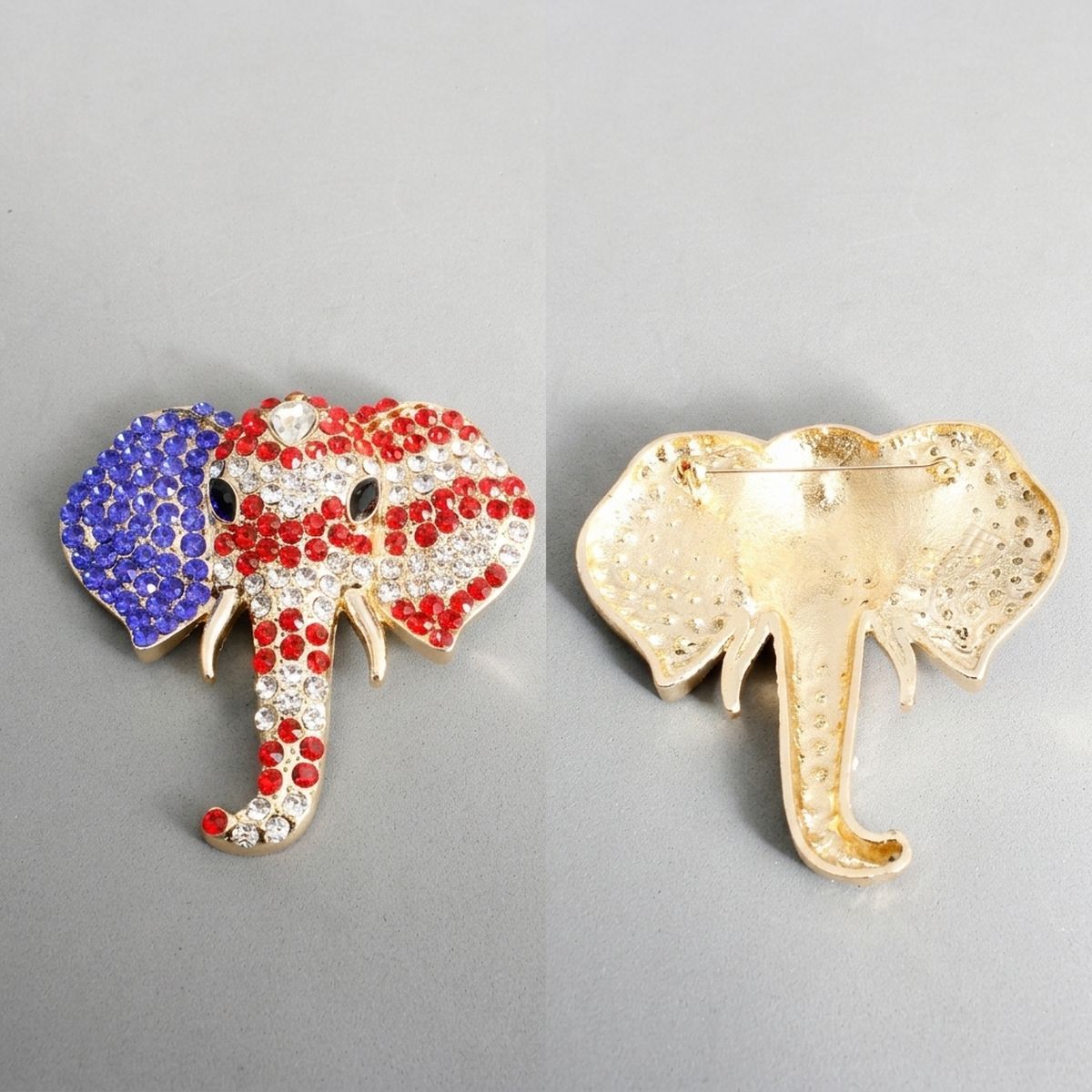 USA Patriotic Gold Elephant Head Brooch Pin