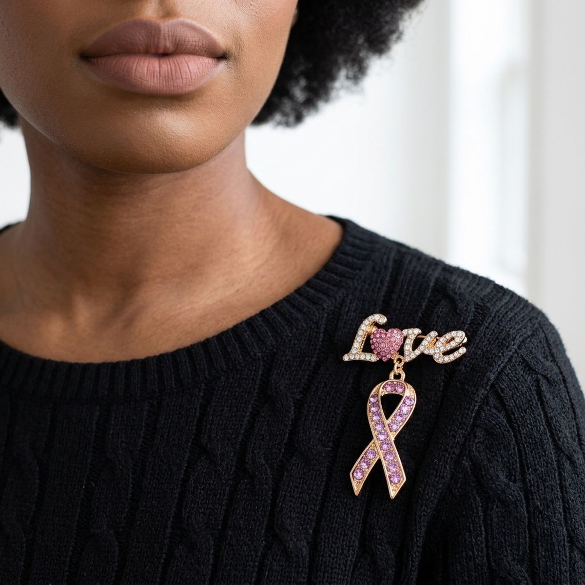 Gold Breast Cancer Love Pink Ribbon Dangle Brooch