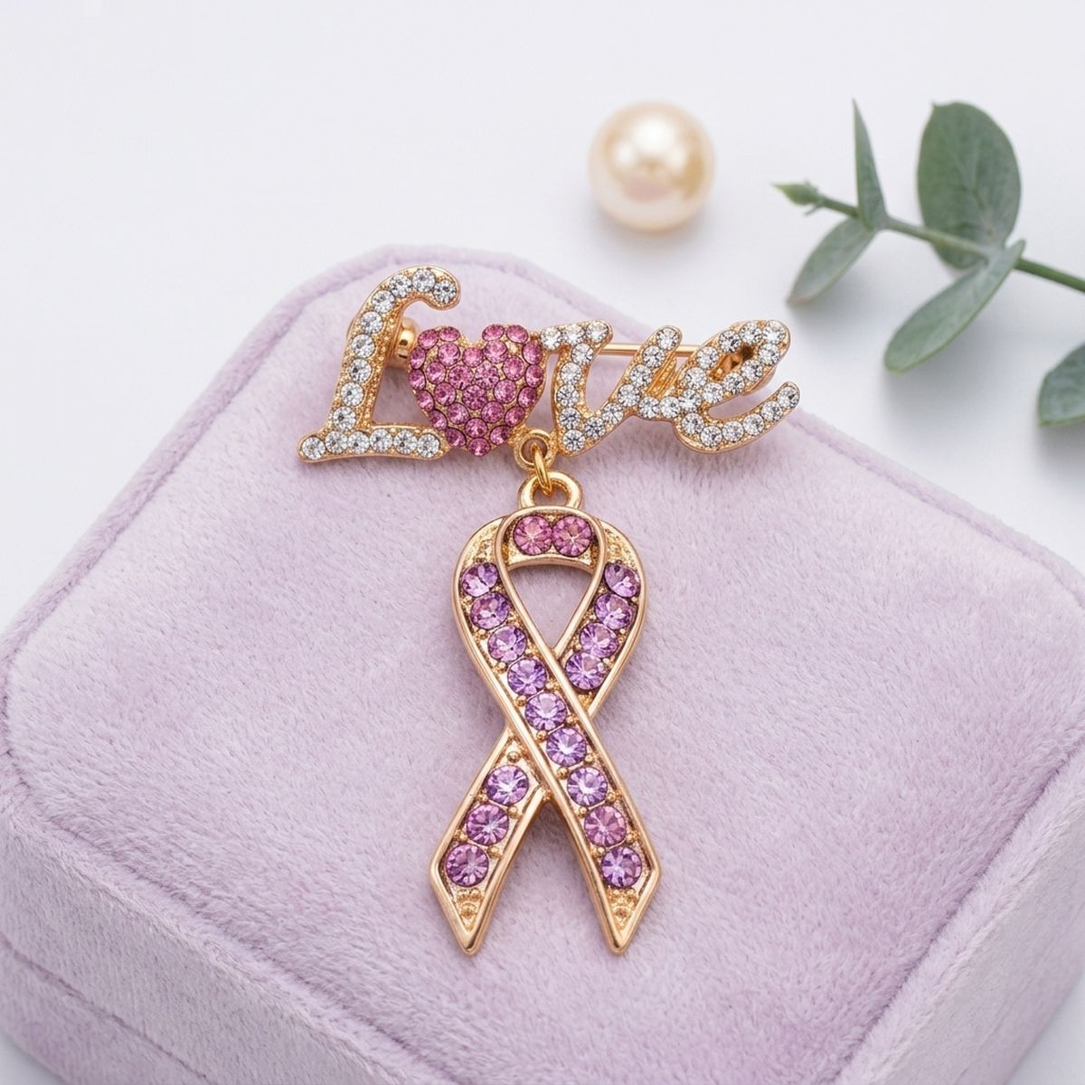 Gold Breast Cancer Love Pink Ribbon Dangle Brooch