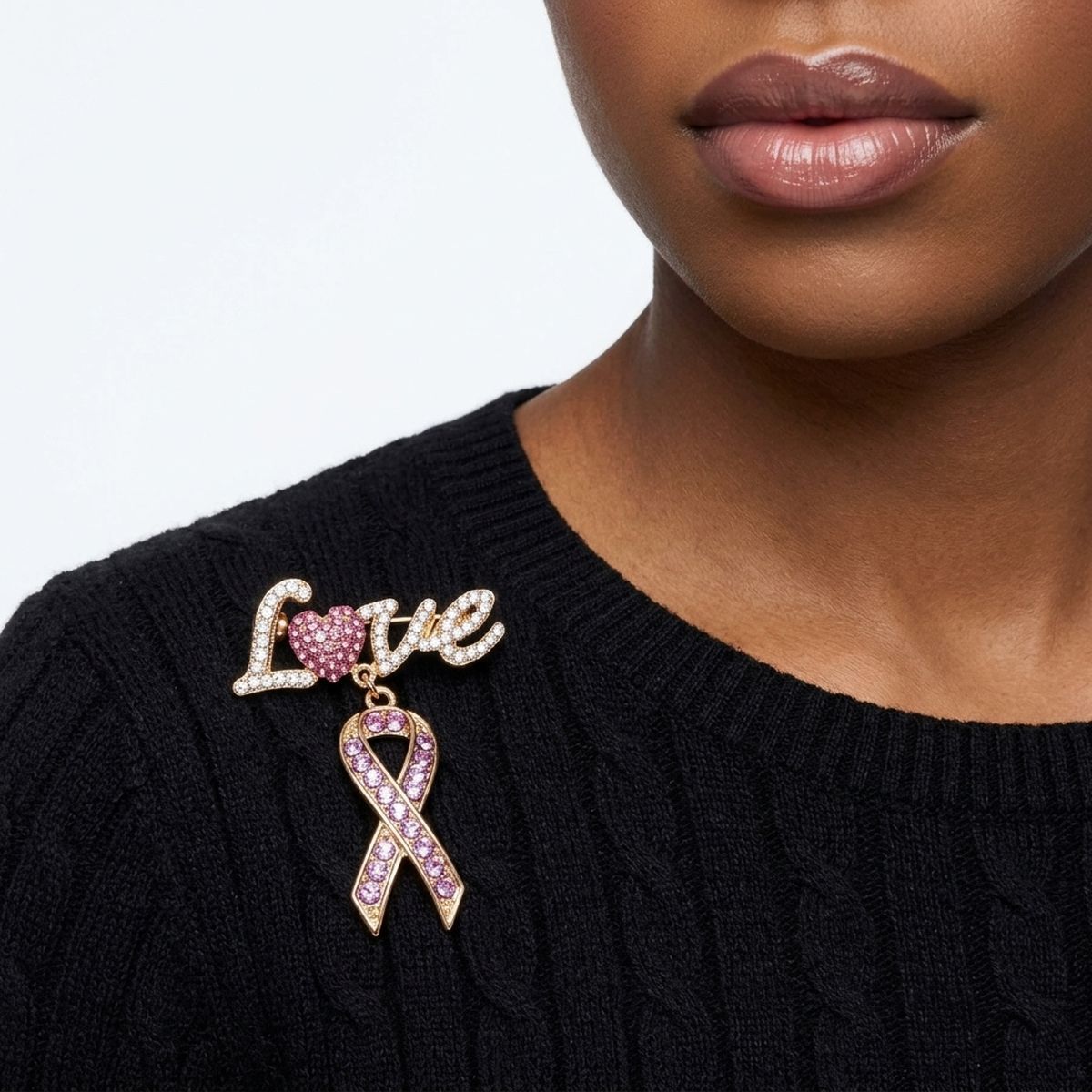 Gold Breast Cancer Love Pink Ribbon Dangle Brooch