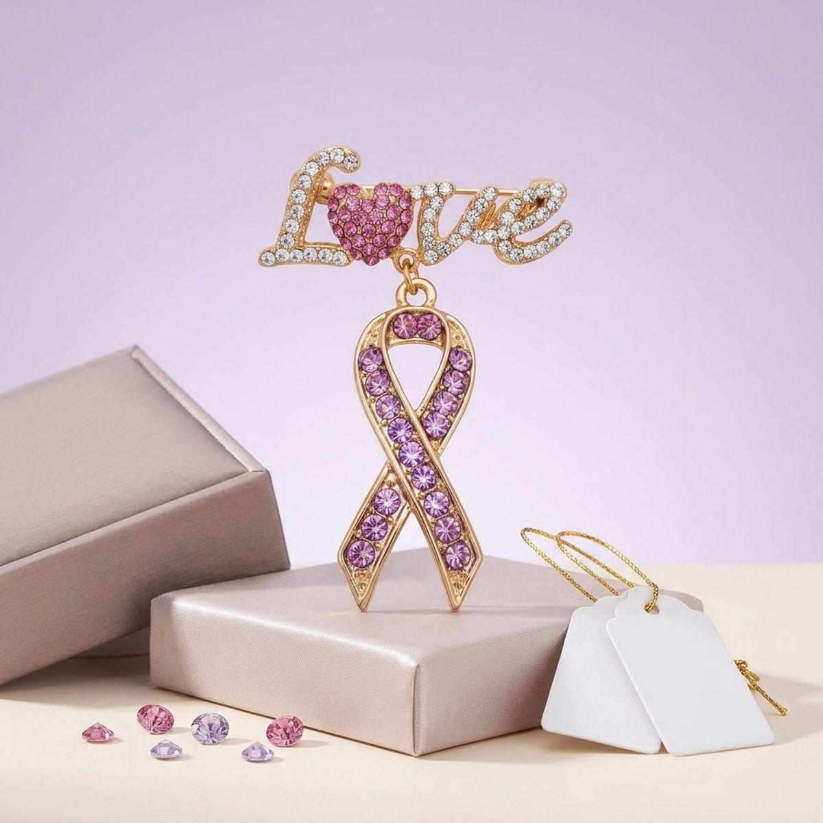 Gold Breast Cancer Love Pink Ribbon Dangle Brooch