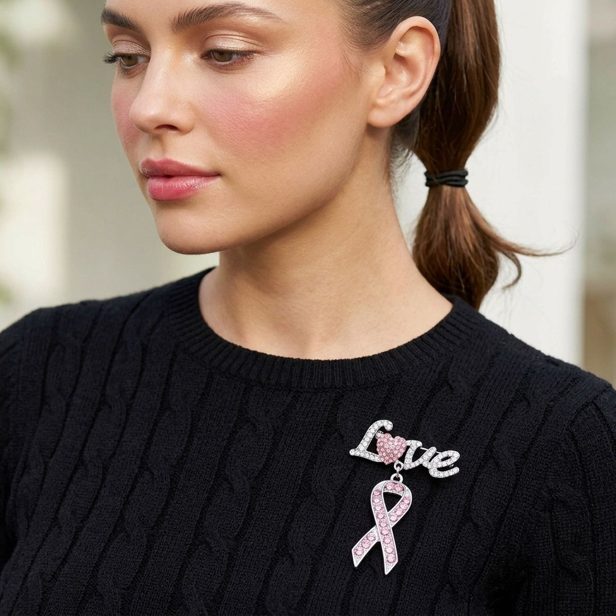 Silver Breast Cancer Love Pink Ribbon Dangle Brooch
