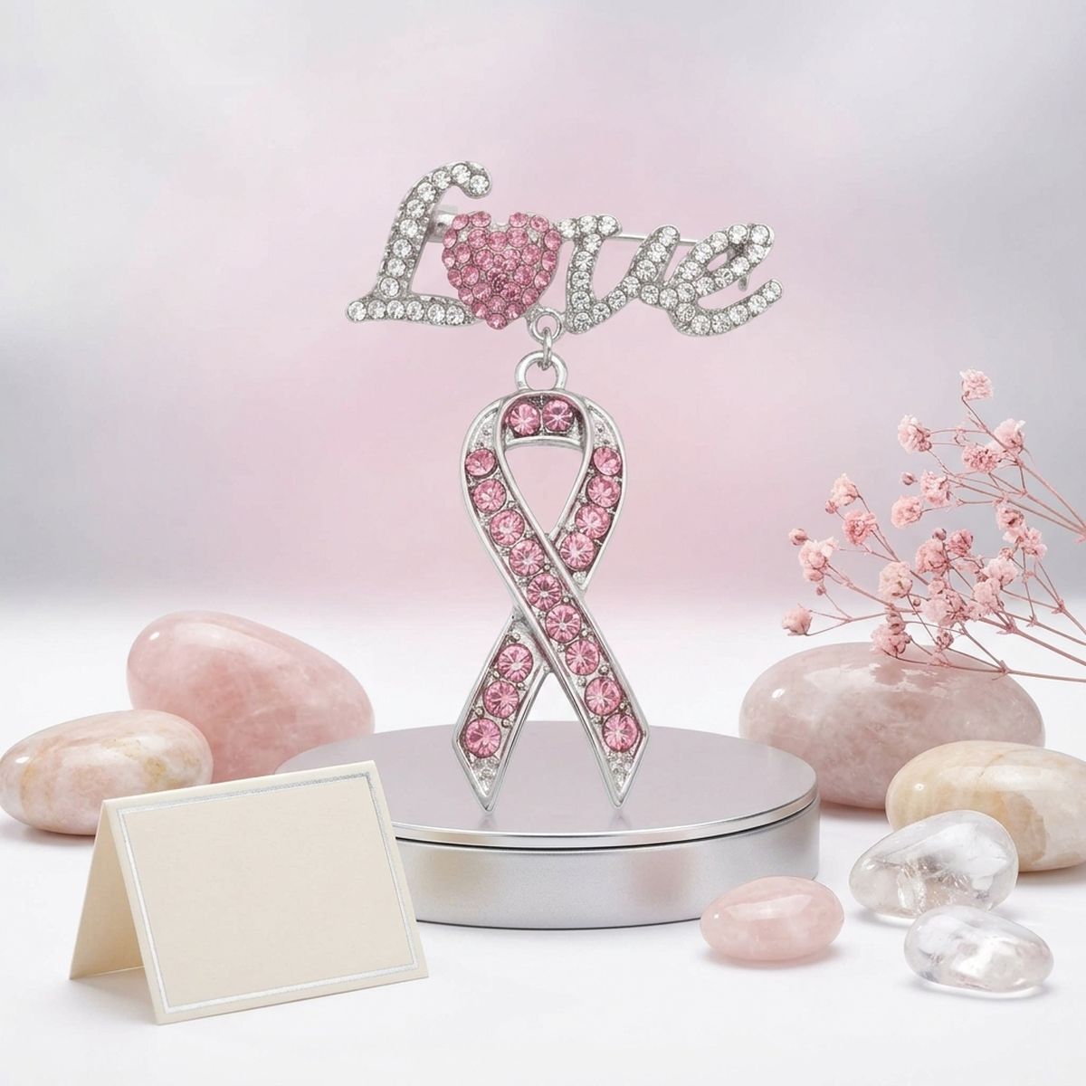 Silver Breast Cancer Love Pink Ribbon Dangle Brooch