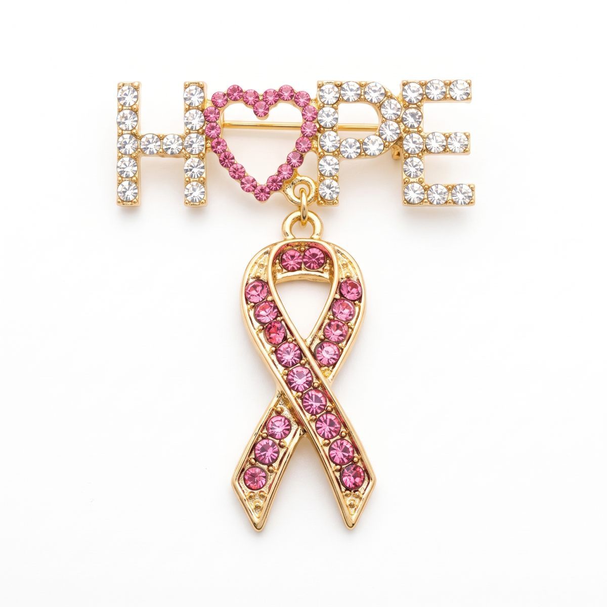 Gold Breast Cancer Hope Pink Ribbon Dangle Brooch