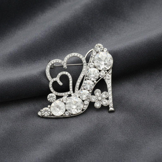 Glass Crystal High Heel and Heart Silver Brooch