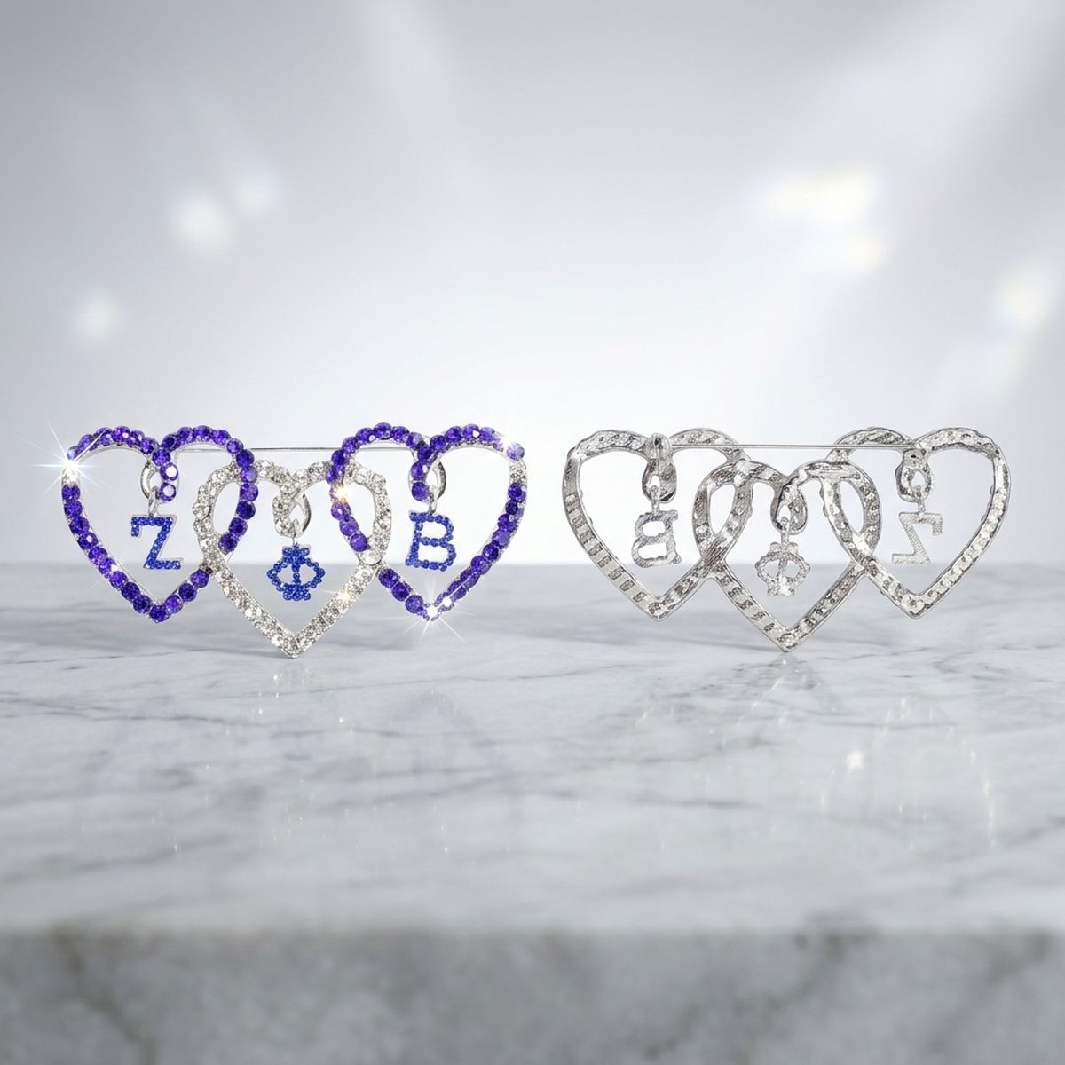 ZPB Blue and Clear Triple Heart Rhinestone Brooch