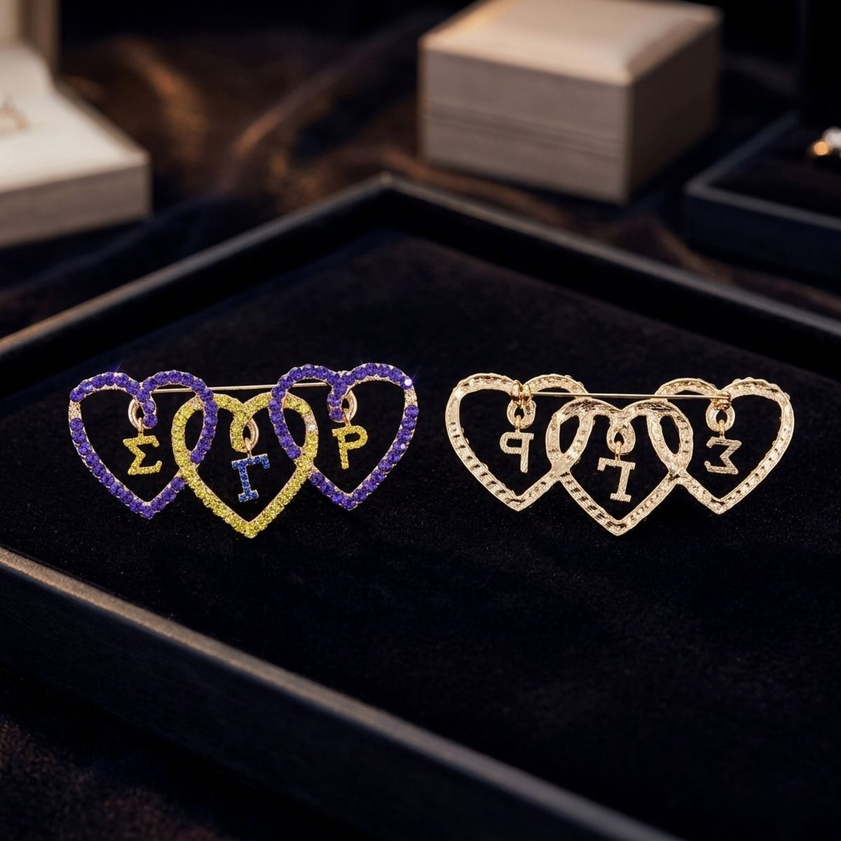 SGRHO Blue Gold Triple Heart Rhinestone Brooch