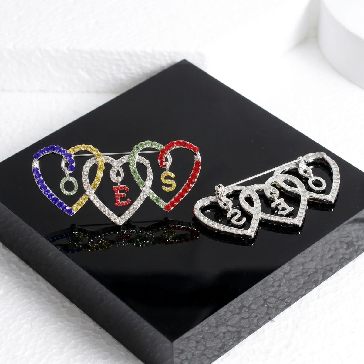 OES Multicolor Triple Heart Rhinestone Brooch