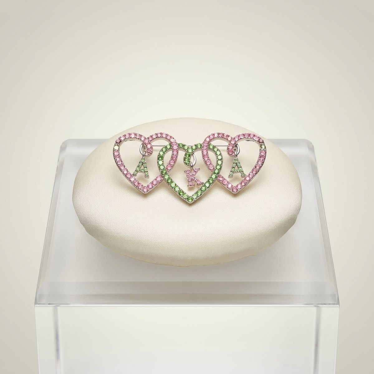 AKA Pink and Green Triple Heart Rhinestone Brooch
