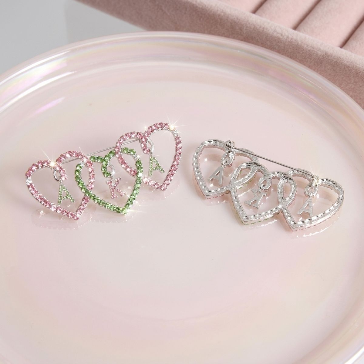 AKA Pink and Green Triple Heart Rhinestone Brooch