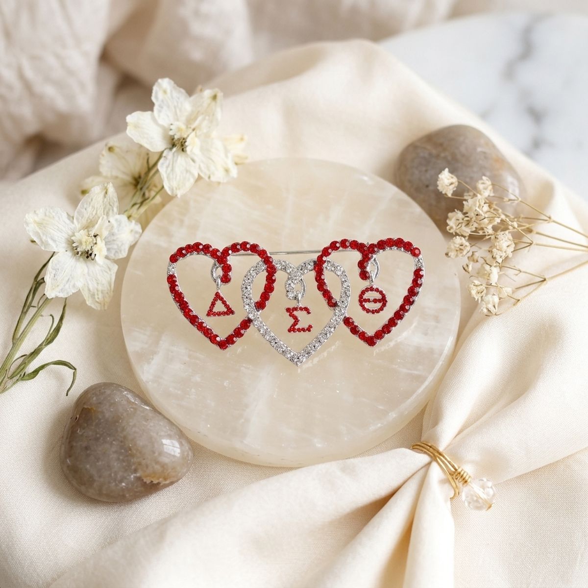 DST Red and Clear Triple Heart Rhinestone Brooch