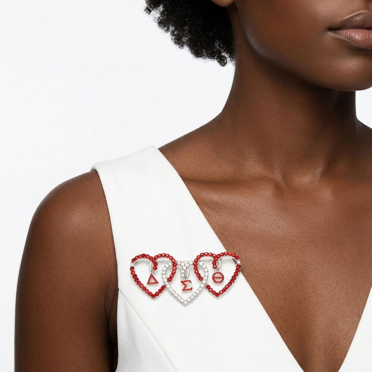 DST Red and Clear Triple Heart Rhinestone Brooch