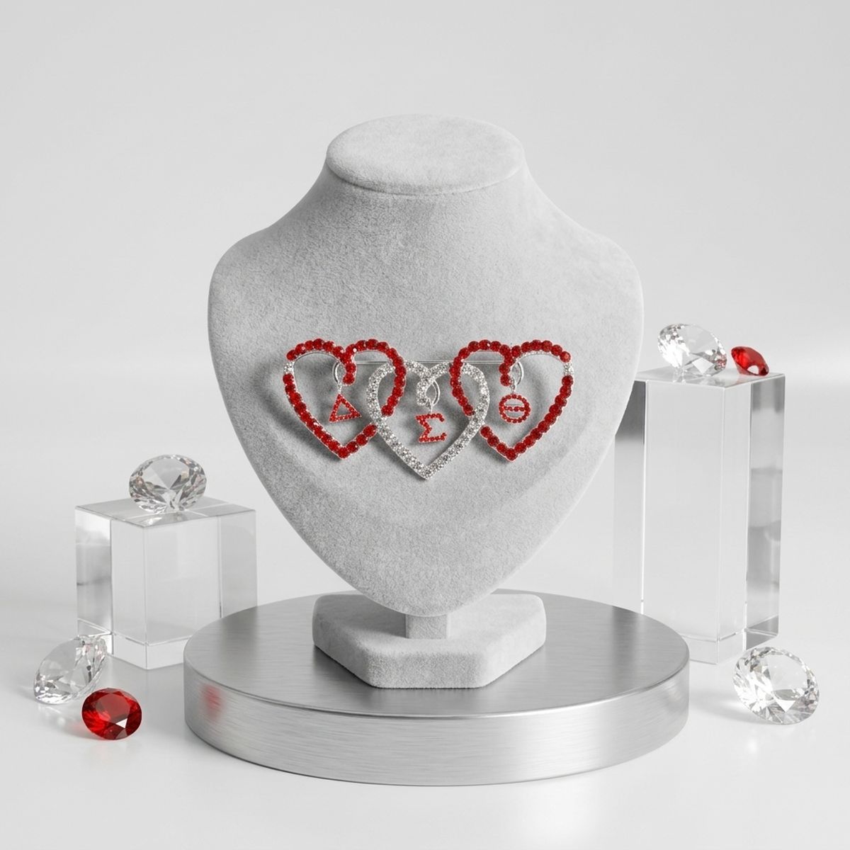 DST Red and Clear Triple Heart Rhinestone Brooch