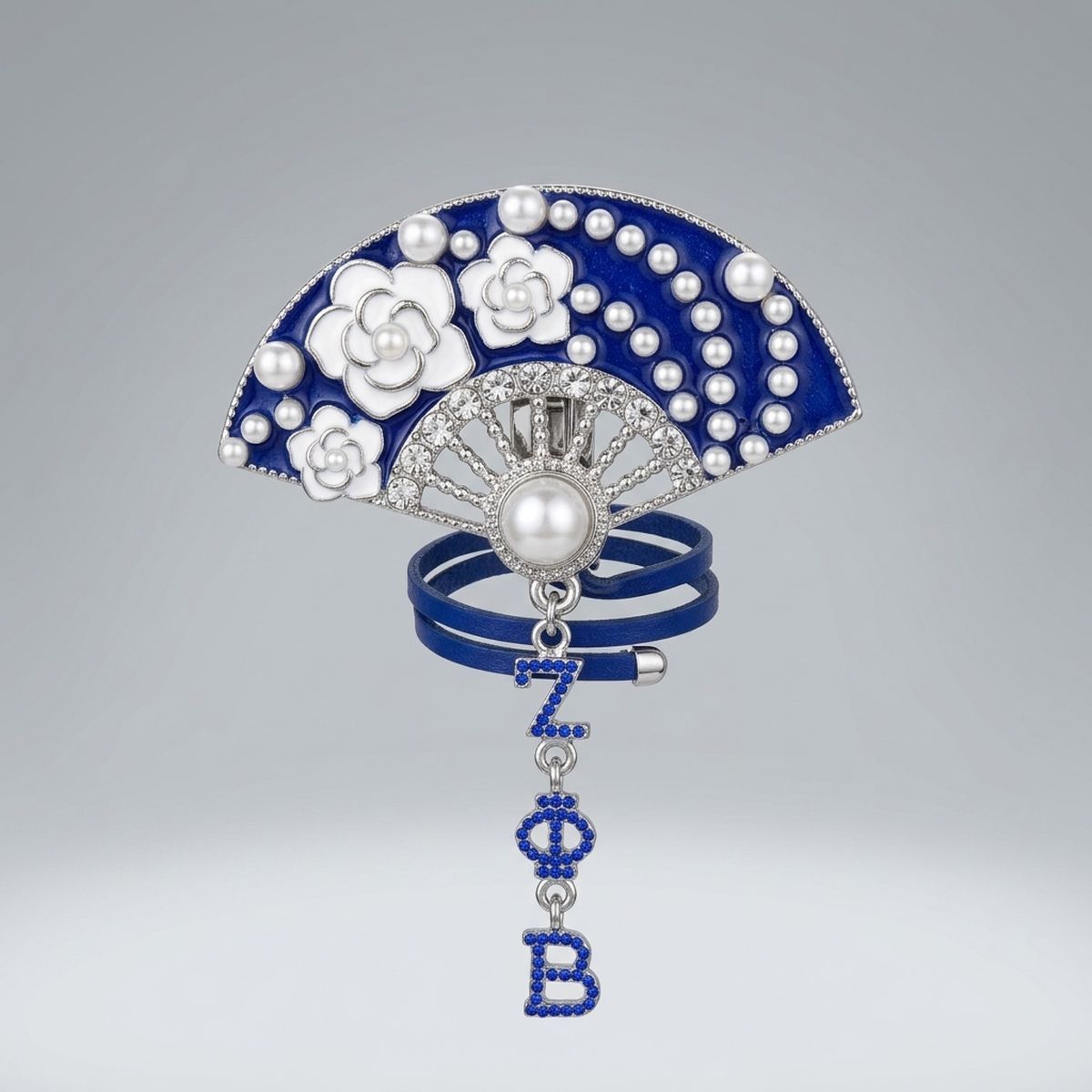 ZPB Blue Floral Pearl Hanfu Fan Dangle Brooch Pin
