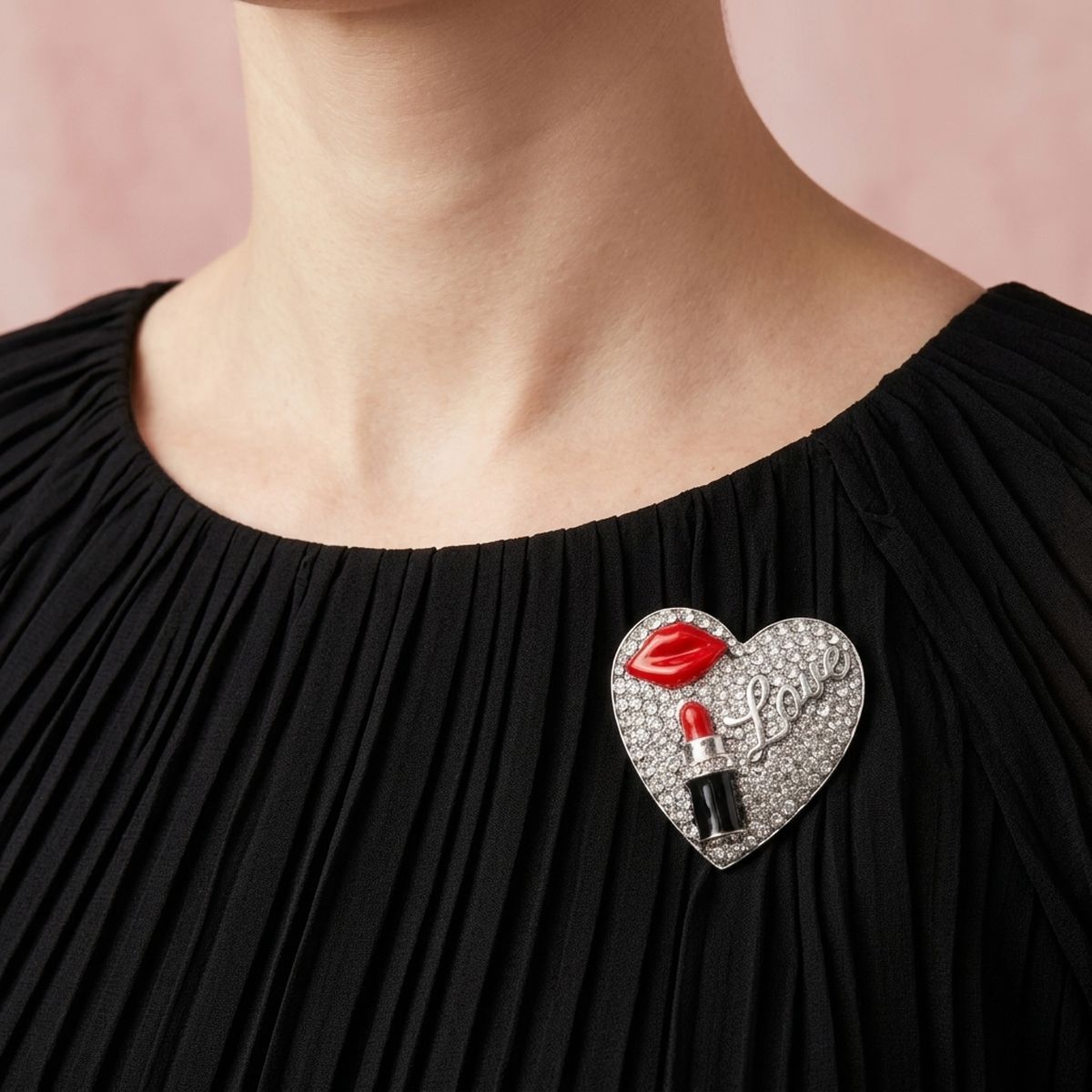 Silver Crystal Heart Red Lips Lipstick Love Brooch