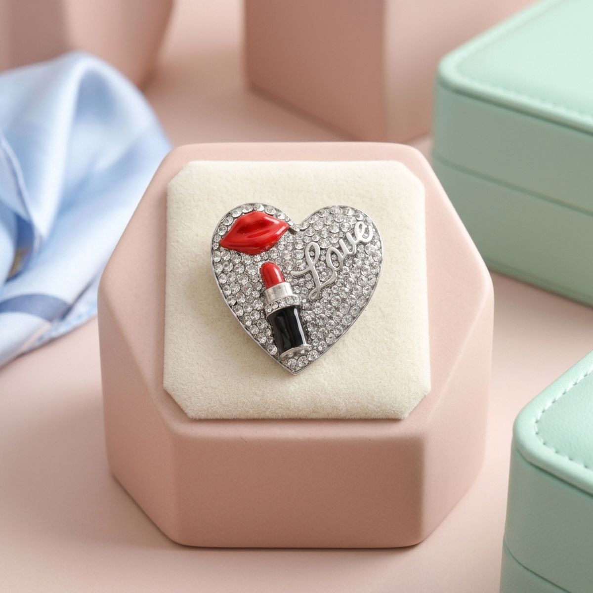 Silver Crystal Heart Red Lips Lipstick Love Brooch
