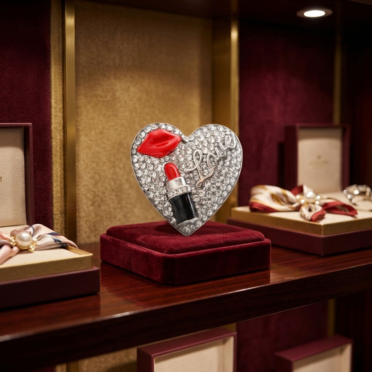 Silver Crystal Heart Red Lips Lipstick Love Brooch