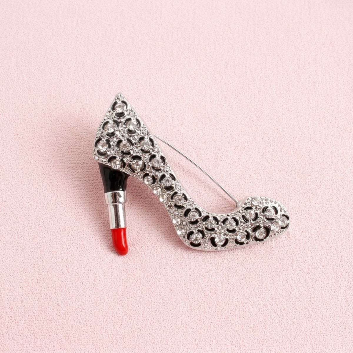 Silver & Clear Leopard High Heel Lipstick Brooch