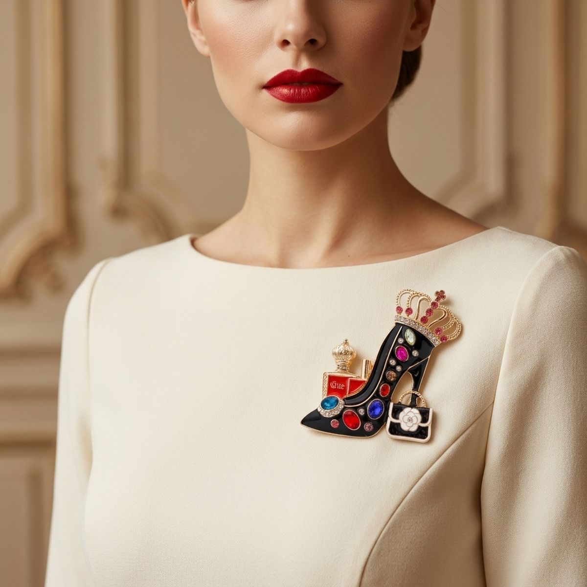 Black Multicolor High Heel Queen Gold Brooch Pin