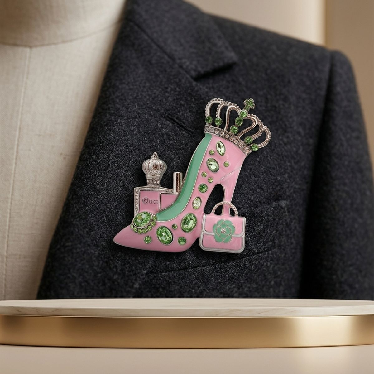 Pink Green Silver High Heel Queen Brooch Pin
