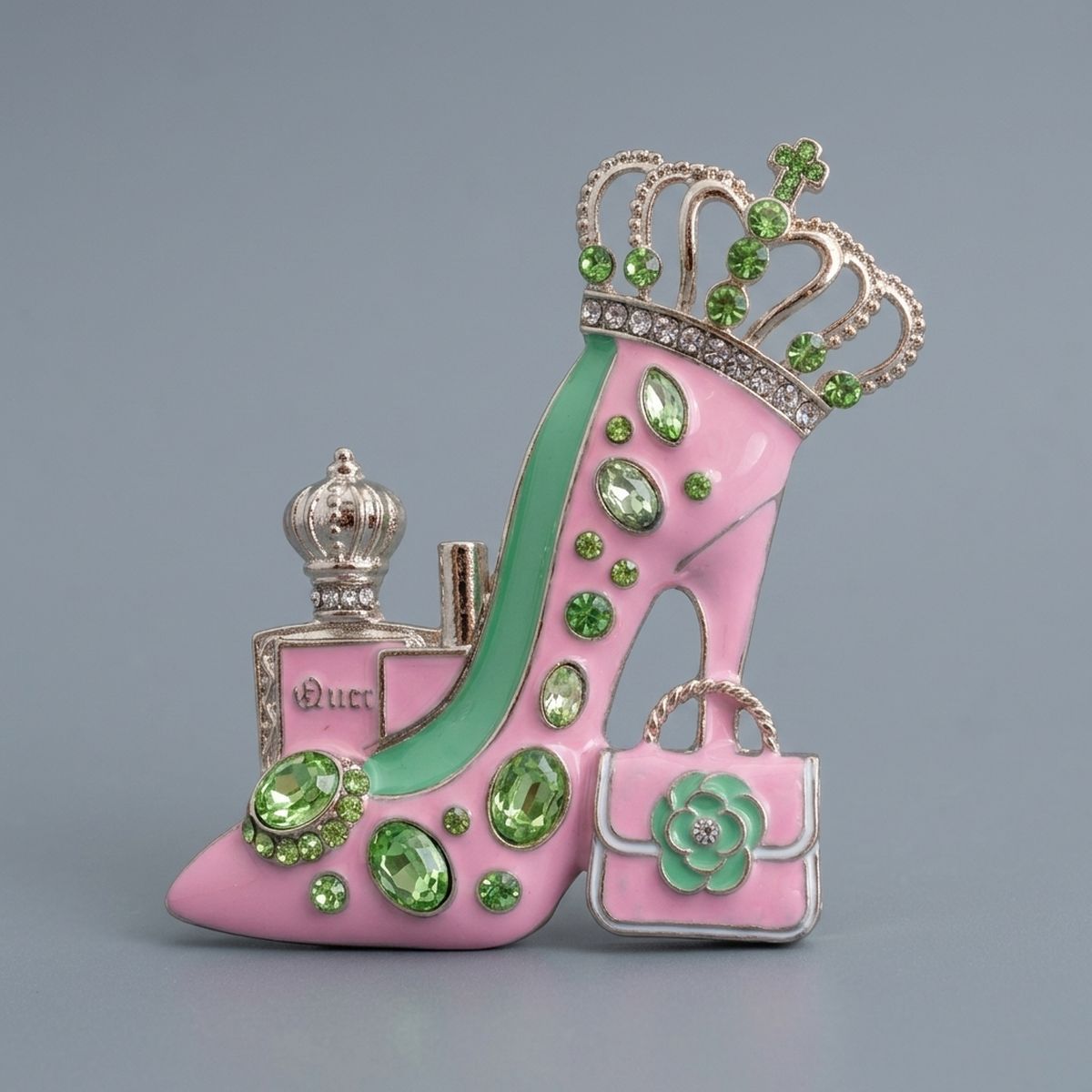 Pink Green Silver High Heel Queen Brooch Pin