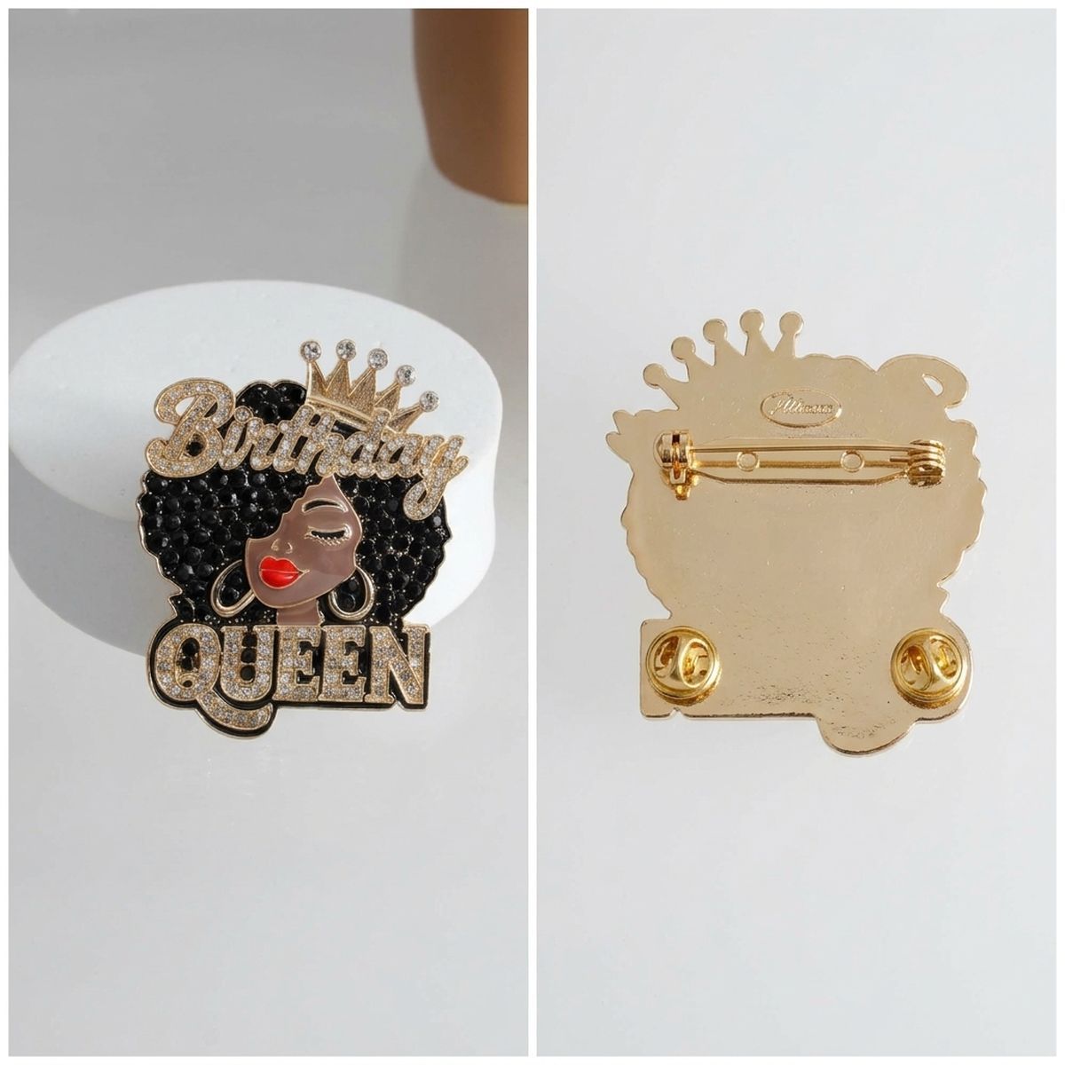 Gold Birthday Queen Afro Crown Rhinestone Brooch