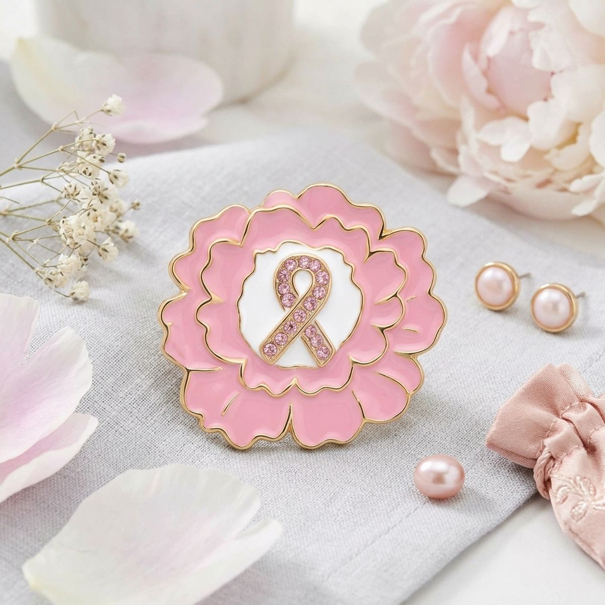 Pink Breast Cancer Awareness Gold Flower Brooch
